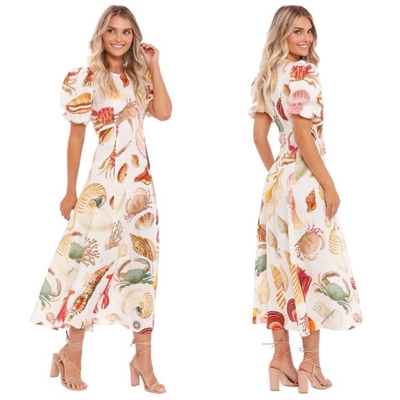 Alemais Atlantis Sealife Linen Midi Dress - Picture 2 of 11